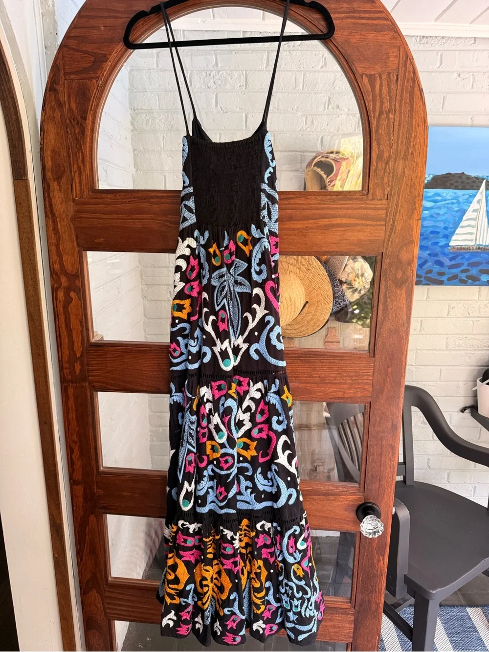Anthropologie Black Multicolor Embroidered Spaghetti-Strap Maxi Dress w/ pockets - Picture 3 of 8